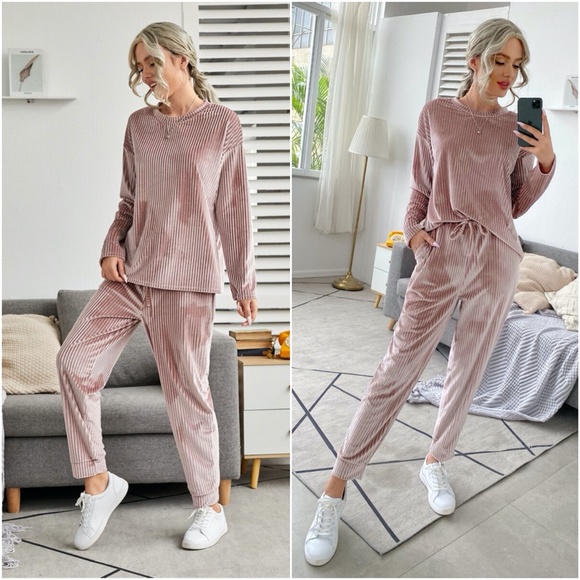 Pants - velvet ribbed long sleeve top lounge set pink